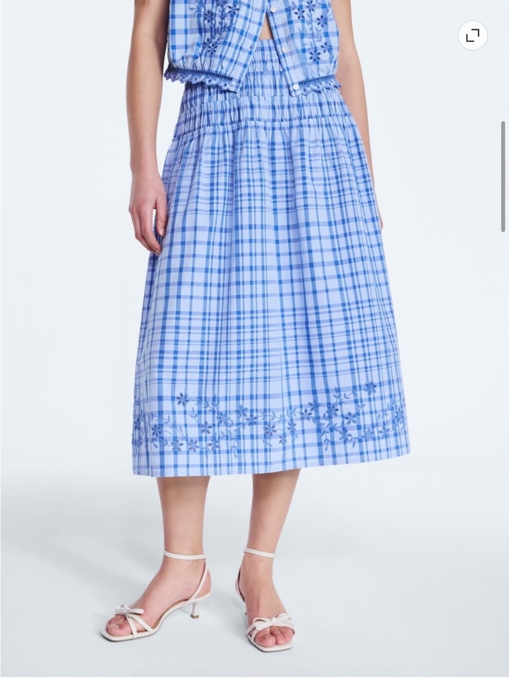 Free Assembly Blue Plaid Smocked Waist with Embroidered Hem skirt